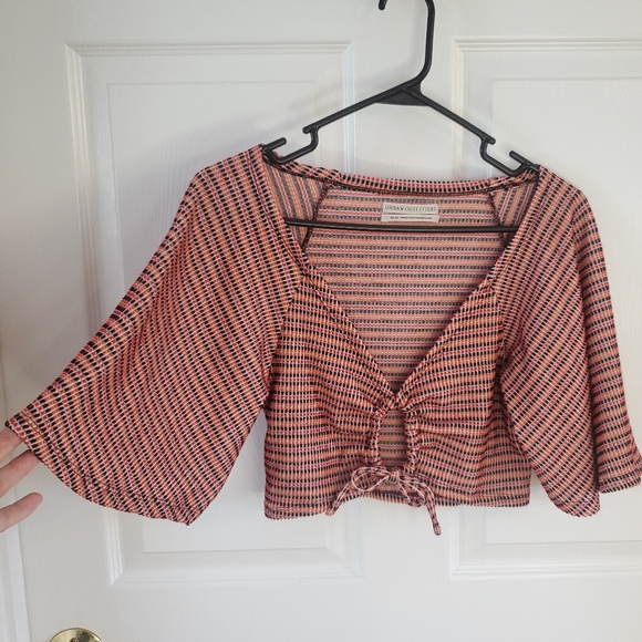 Urban Outfitters Red, Green, & Black Striped Tied Crop Blouse. Y2K. Size M. #SW - Picture 3 of 9